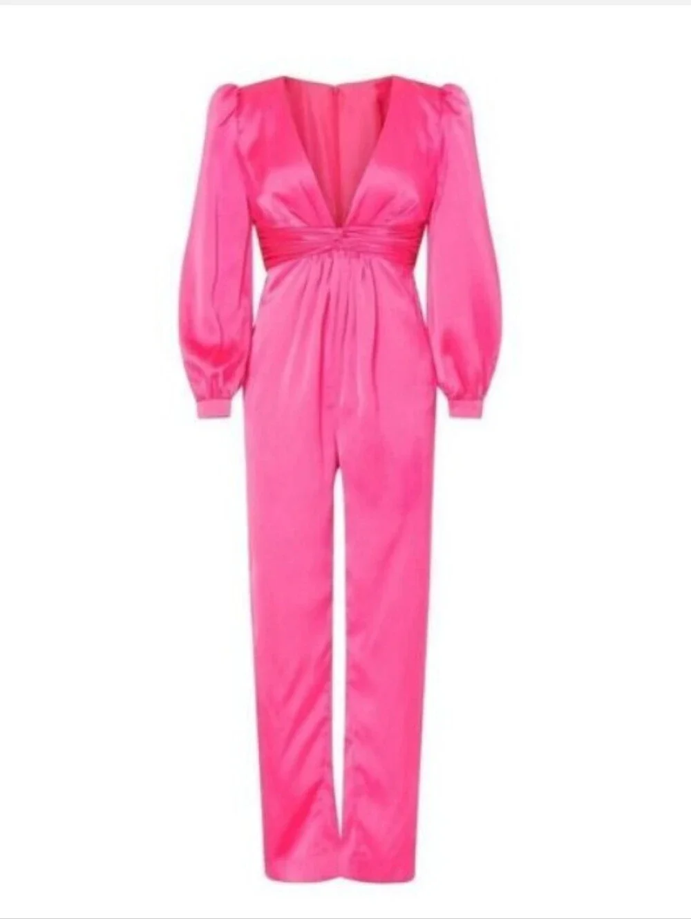 NWT Mac Duggal Fuschia Pink Satin Plunge Neck Puff Sleeve Jumpsuit